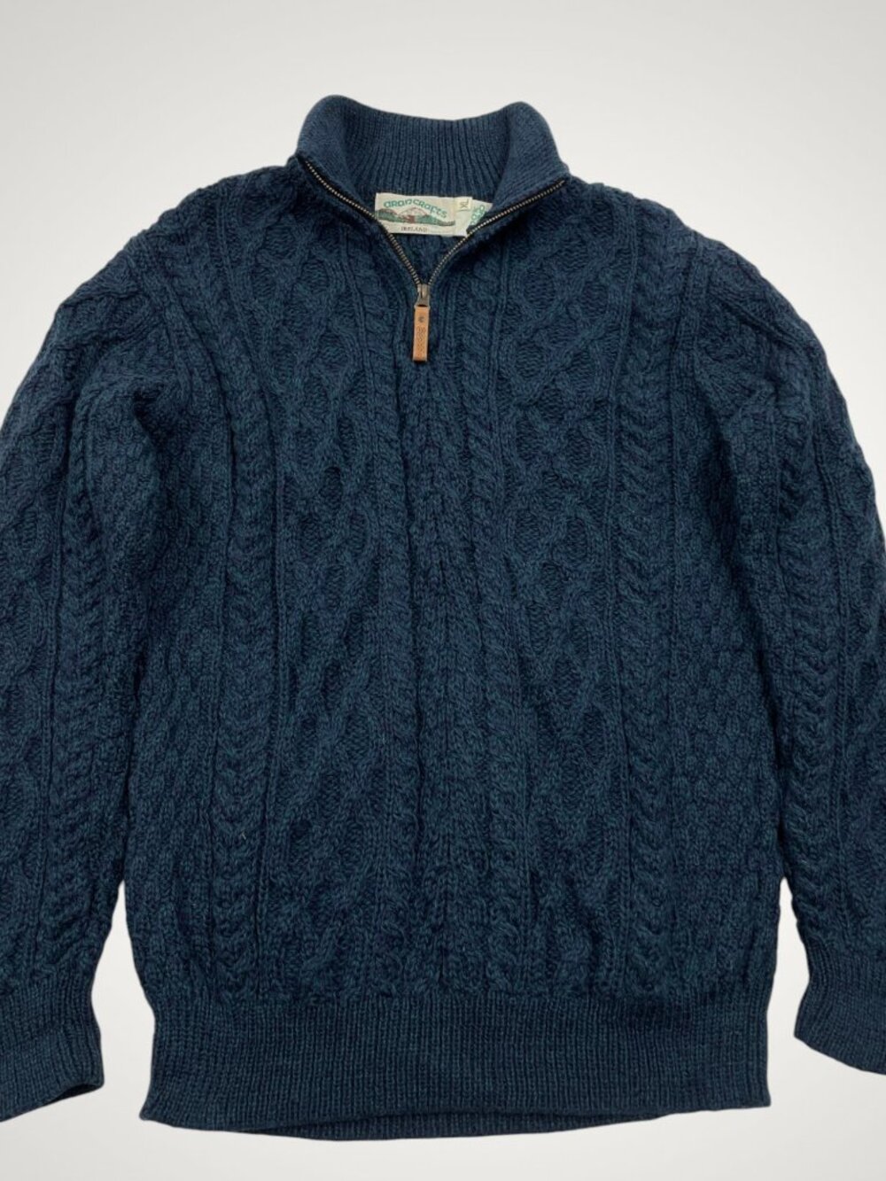 Aran Crafts Blue Merino Wool Cable Knit Half Zip Fisherman Irish Sweater Mens XL